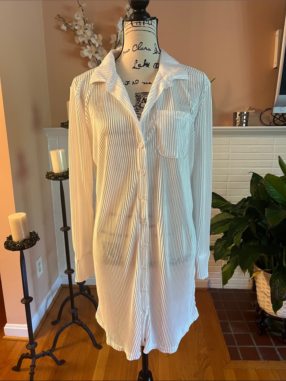 Women's White Striped Casual Button-Down Shirt Dress